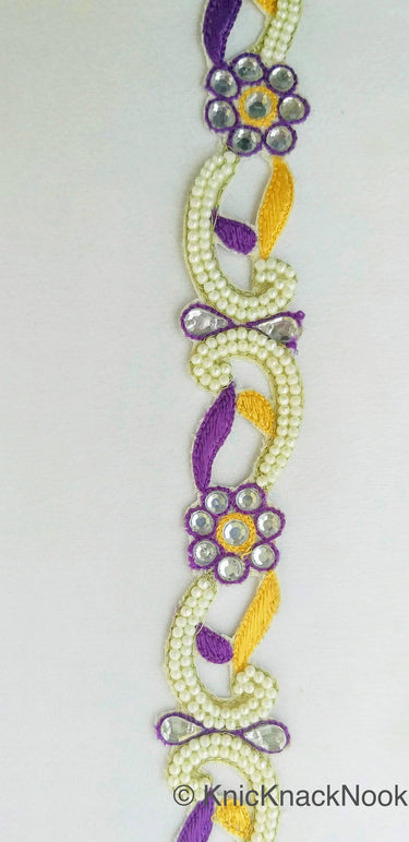Floral Embroidered Cutwork Trim, Yellow Embroidery, Beaded Floral Trim